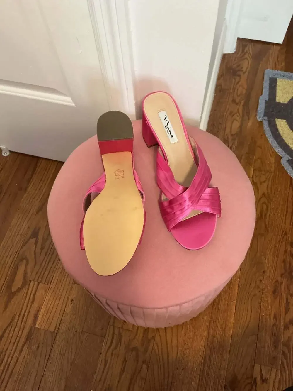 Nina New York Nayely Hot Pink Satin Pleated Block Heel Slide Sandals